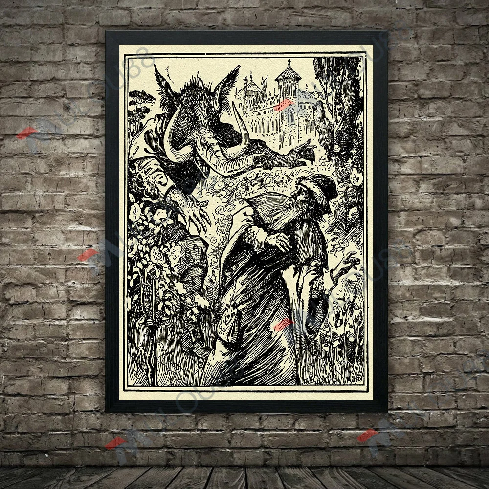 The Duel Between Warriors And Dragons Fairy Tales,Wall Art Print,Griffin,Dragon,Seven-Headed Serpent Art Poster Print Decor