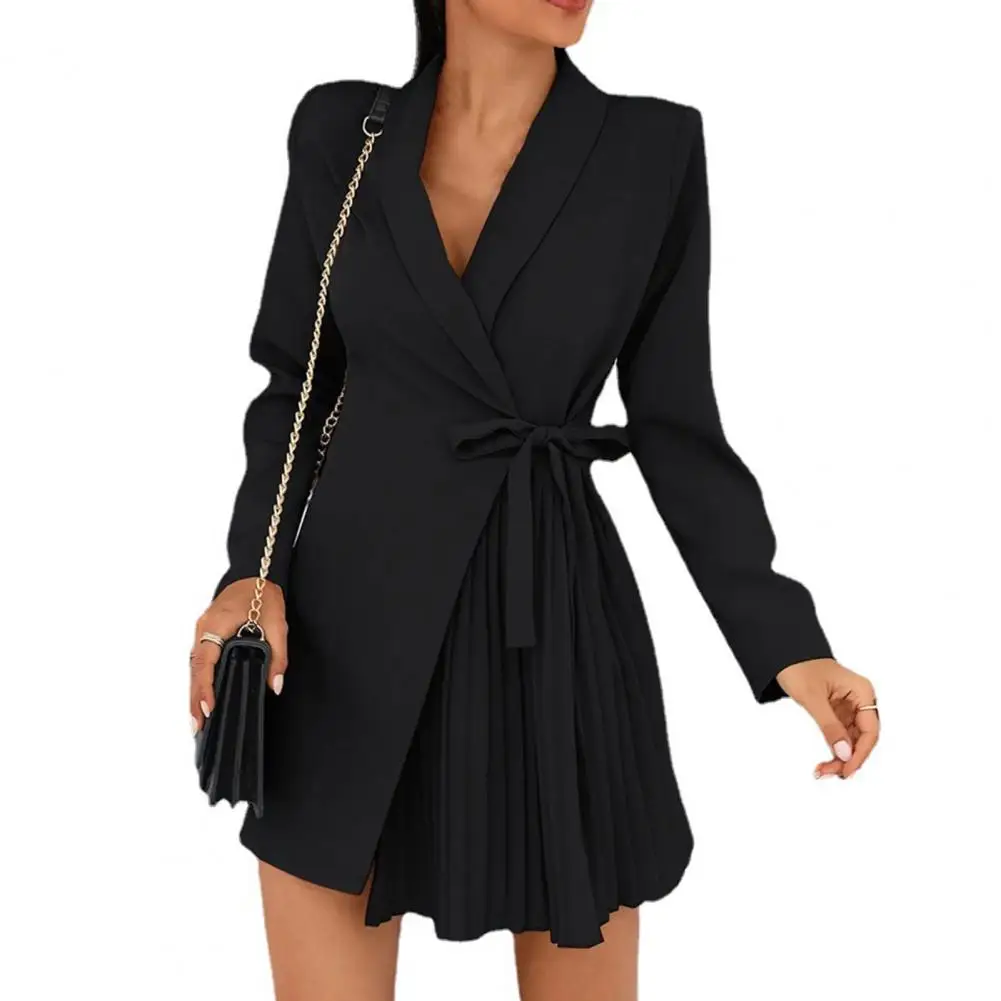 V-Neck Lapel Long Sleeve High-Waist Pleated Hem Blazer Dress Women Autumn Solid Color Waist Lace-up Mini Dress Streetwear Coats