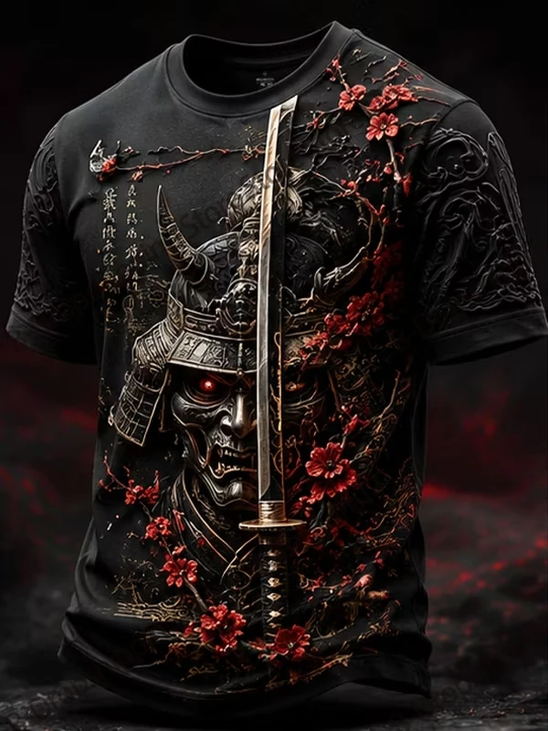 Men's T-shirt Japanese Art Cherry Blossom Samurai 3D Printed Tshirt Men Women Fashion Street Short Sleeve Tops Tees Men Clothing