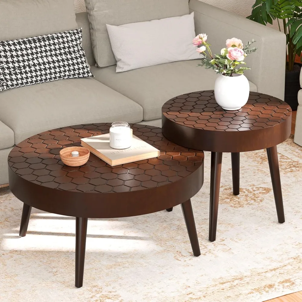 2 Piece Coffee Table Set, Morden Round Coffee Table Set of 2, 18