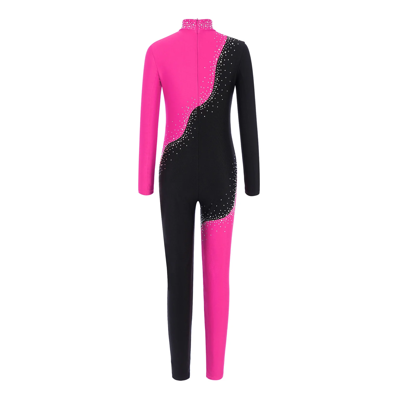 Kids Girls Shiny Rhinestones Gymnastics Jumpsuit Figure Ice Skating Bodysuit Mock Neck Long Sleeve Color Block Full Body Leotard