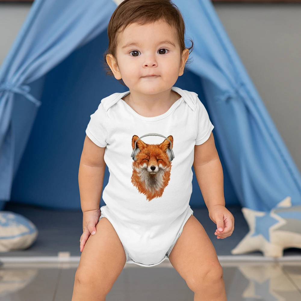 Summer 2022 Toddler Boy Bodysuit Cute Animal Fox Music Print Funny Newborn Girl Clothes O-Collar Comfy Breathable Infant Onesie