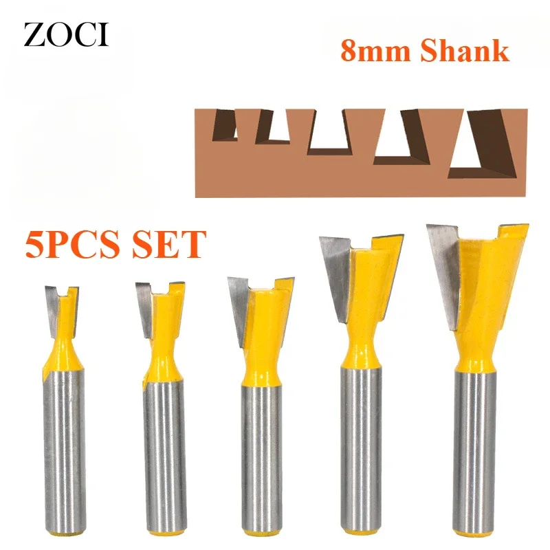 

5pcs Router Bit Set Dovetail Joint 14 Degree Honeycomb Tenon Joint Milling Cutter Woodworking Engraving Bit Kit Sets 8mm Shank