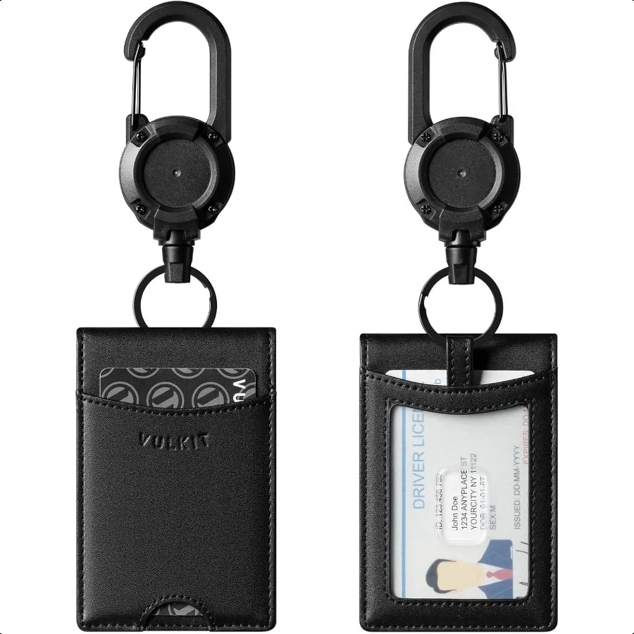 

Badge Holder Retractable Clip Leather Bifold Double ID Card Holder Retractable Keychain Carabiner Holds 5 Cards Keys Black