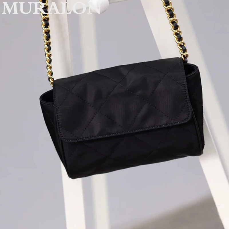 Fashion Nylon Canvas Bag Black Lady Gold Chain Vintage Waist Bag Casual All-match Lightweight Mini Shoulder Crossbody Bag Unisex