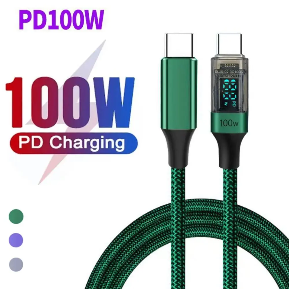 Digital Display Type C to Type C Cable PD100W Nylon Woven 100W Digital Display Cable for Xiaomi/HUAWEI/Macbook/iPad/Samsung