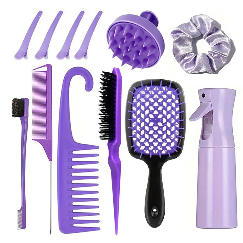 

12PCS Barber Hair Styling Comb Set With Spray Bottle Teasing Hair Brush Air Hollow Comb Rat Tail Comb Edge Brush Scalp Massager
