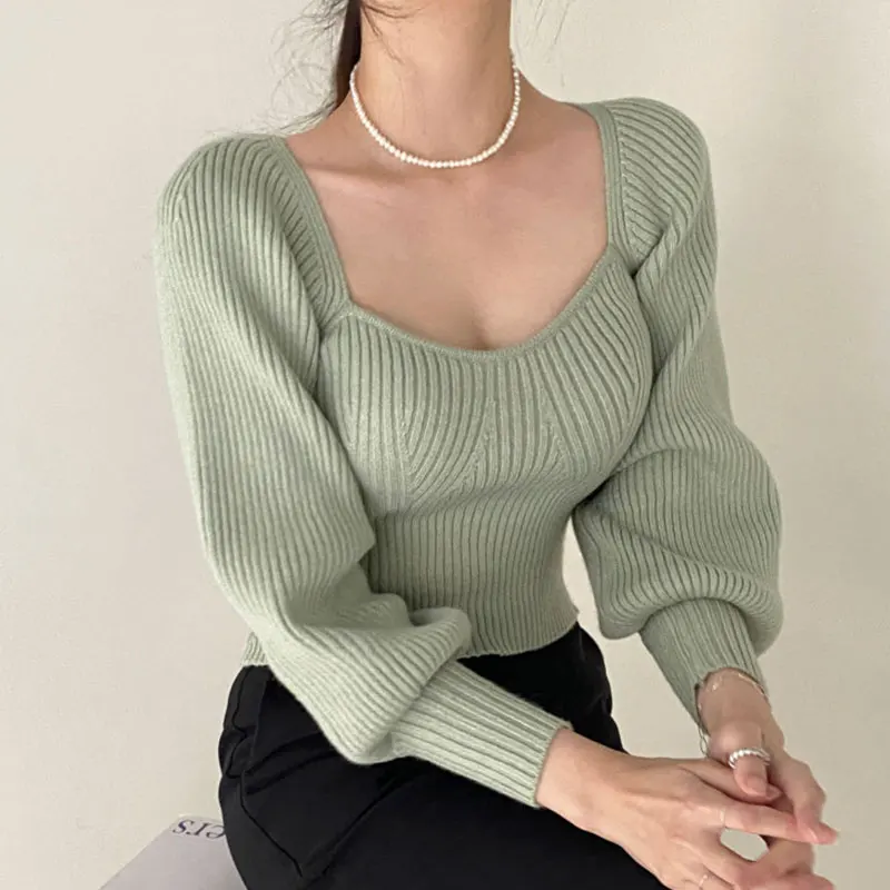 

Square Neck Sweater Women's Long Sleeved Knitting Solid Color Warm Bottoming Shirt Spring Autumn Casual Dropshipping