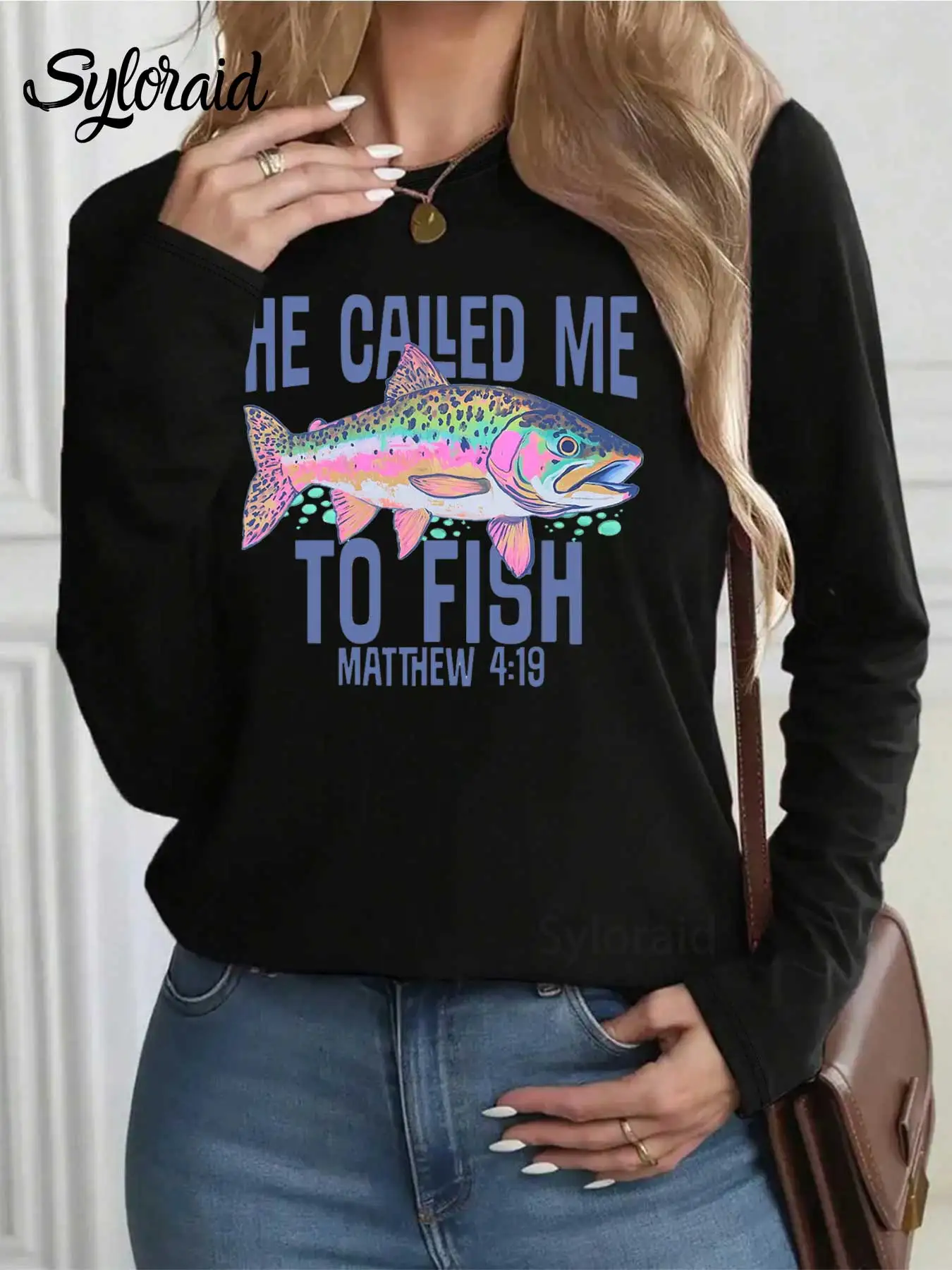 تي شيرت نسائي طويل الأكمام يسمى السمك كريستيان جرافيك تي شيرت معتمد على الإيمان قميص صيد السمك موضة رقبة مستديرة كاجوال