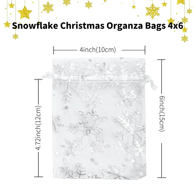 A45U 100PCS Snowflake Organza Bags Christmas 4X6 Inches Christmas Bags With Drawstring Mesh Bags For Christmas