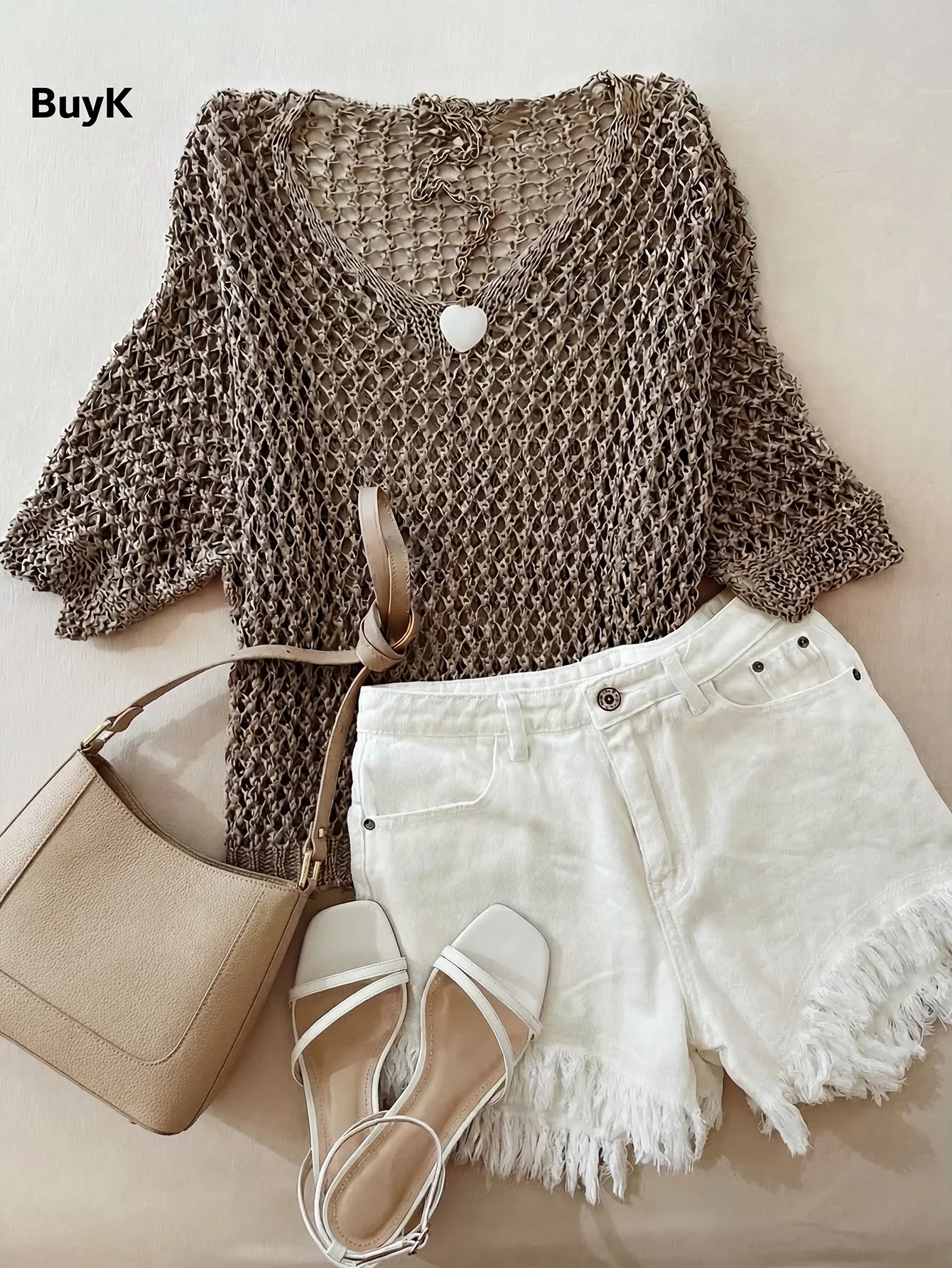 

Elegant Solid Color V-Neck Loose Knit Top With Hollow Design Short Sleeve Summer