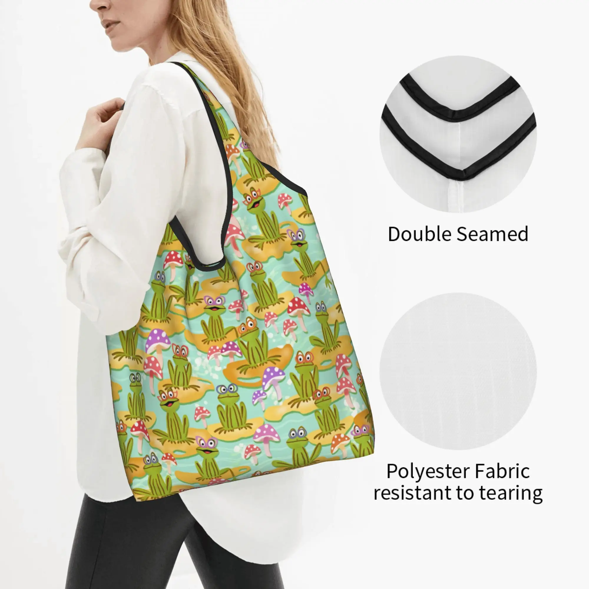 Recycling Frogs in Glasses Shopping Bag Women Tote Bag Portable Animal Lover  Groceries Shopper Bags