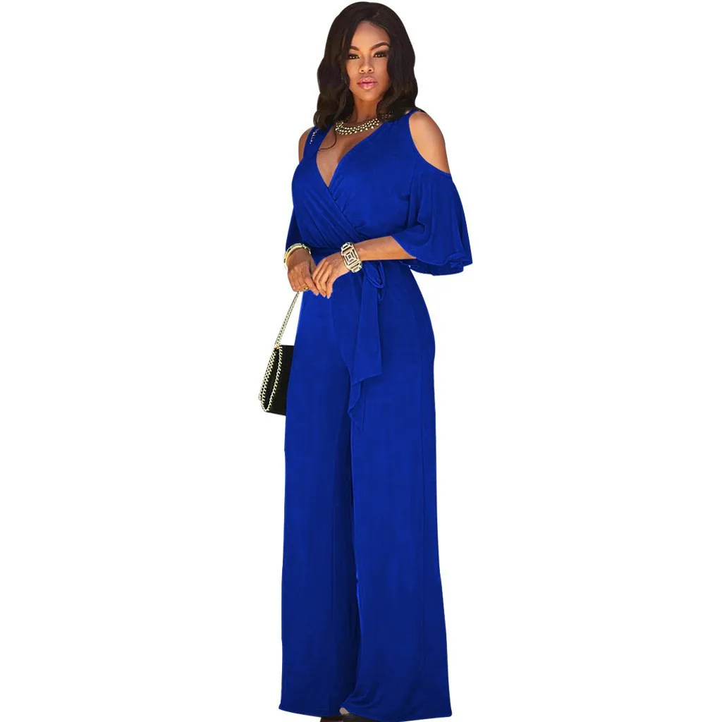 Women\'s Sexy Exposed V-neck Jumpsuit Wide-leg Pants Hollow Short-sleeved Slim-fitting Lace-up Elegant Casual Wide-leg Pants