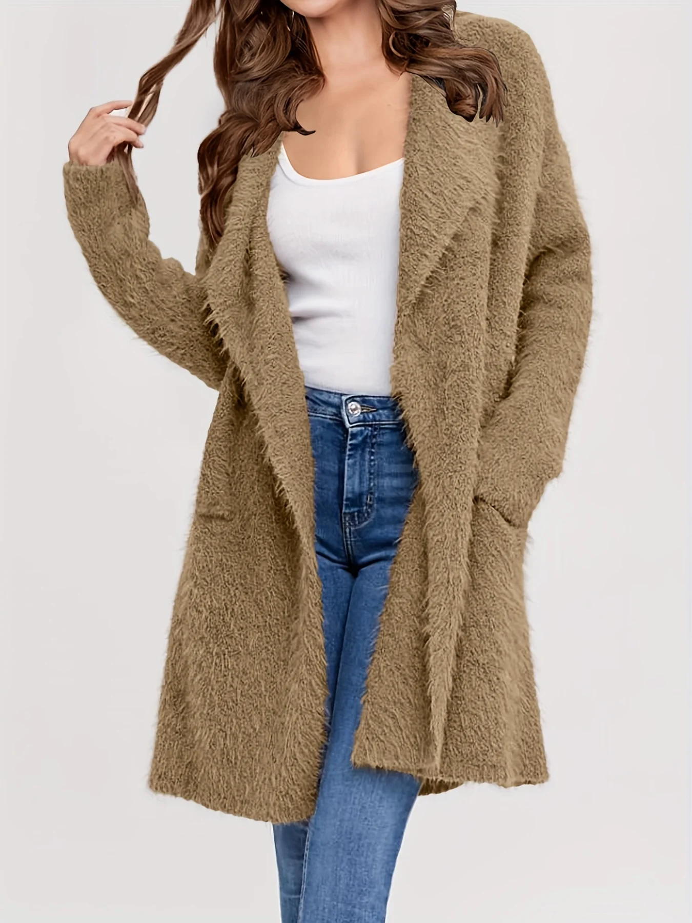 

Furry Women's Cardigans Pockets Long Sleeve Autumn Winter Coat Turn Down Collar Solid Casual Vintage Plus Size Jackets Outerwear