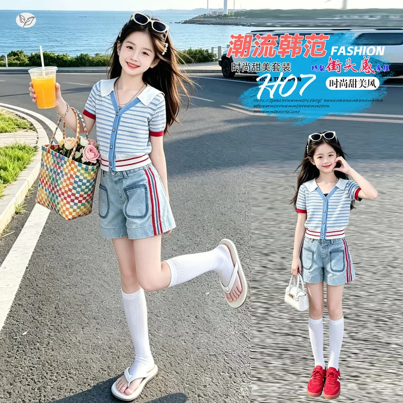 女の子の夏服-4-14歳-カレッジ風-ネイビー襟-ストライプ柄セーター-ツーピースセット