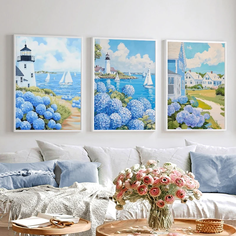 Hydrangea Guided The Sailboat Home – Lienzo sin marco con motivos marinos de Nantucket para decoración del hogar y sala de estar