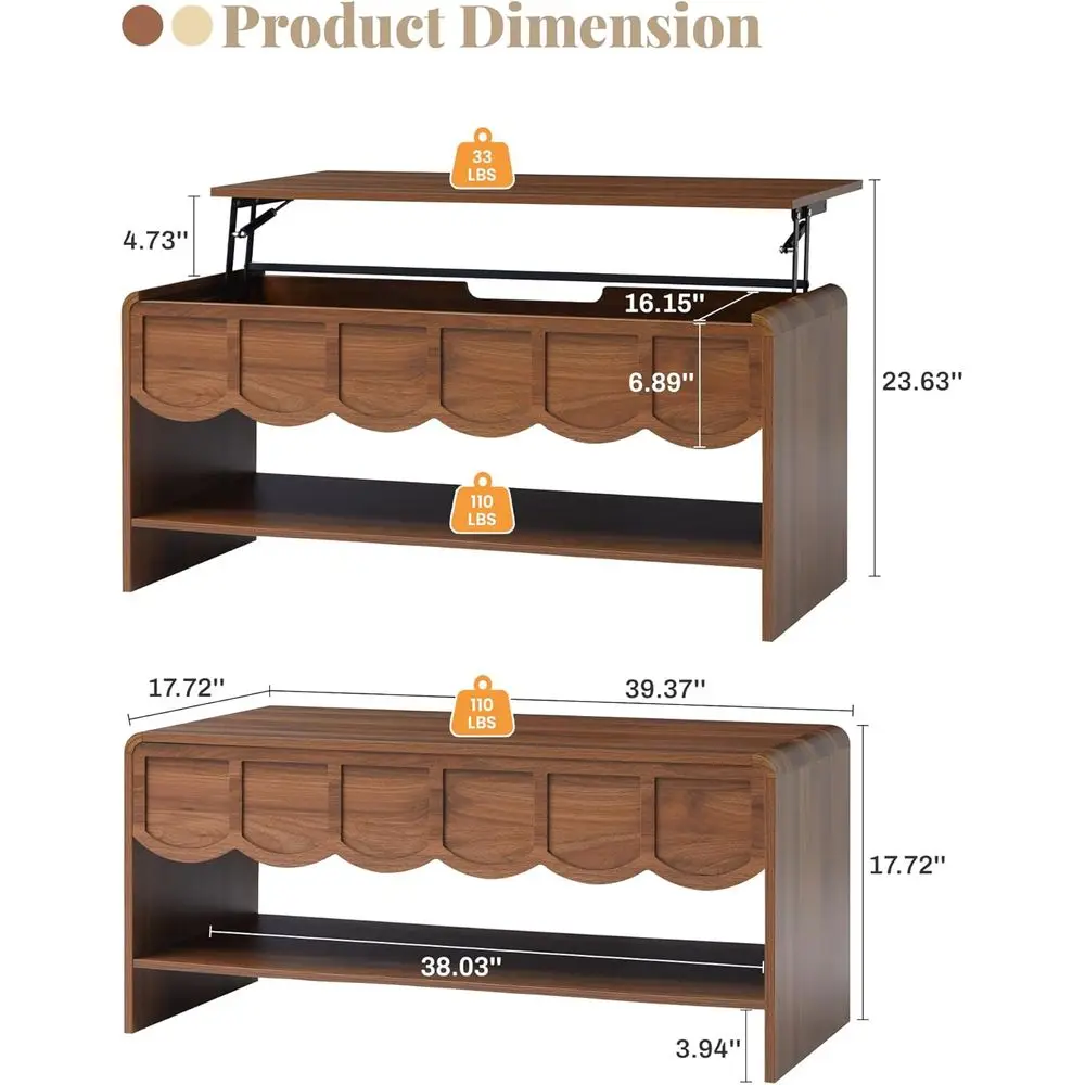 Lit Top Coffee Table with Hidden Compartment, 2 Tier Wooden Center Table with Wave Panel, Living Room Office, Walnut