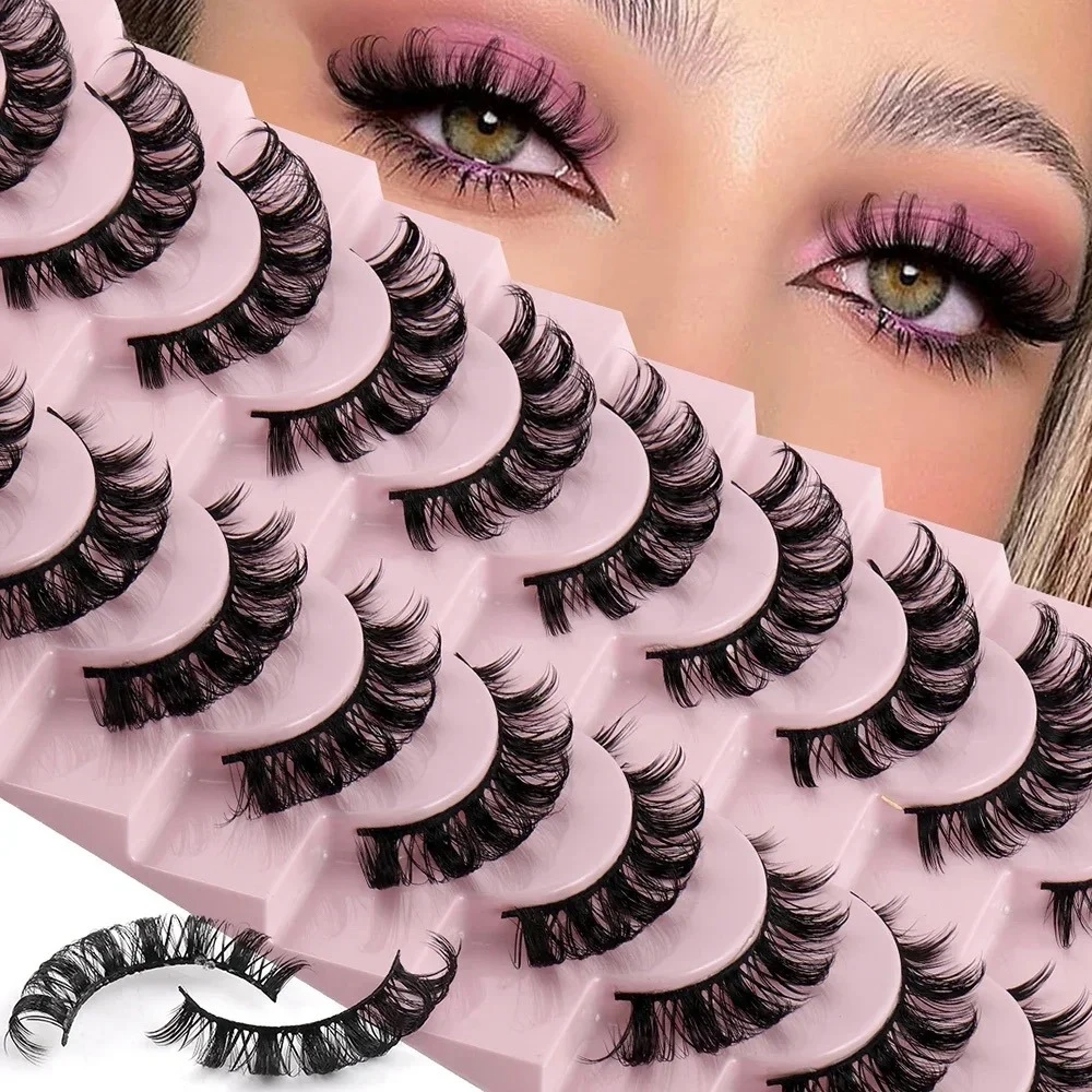 Natural Wispy Fluffy D Curl 3D Faux Mink Russian Strip Lashes 10 Pairs Long Lasting Fake Eyelashes Party Makeup