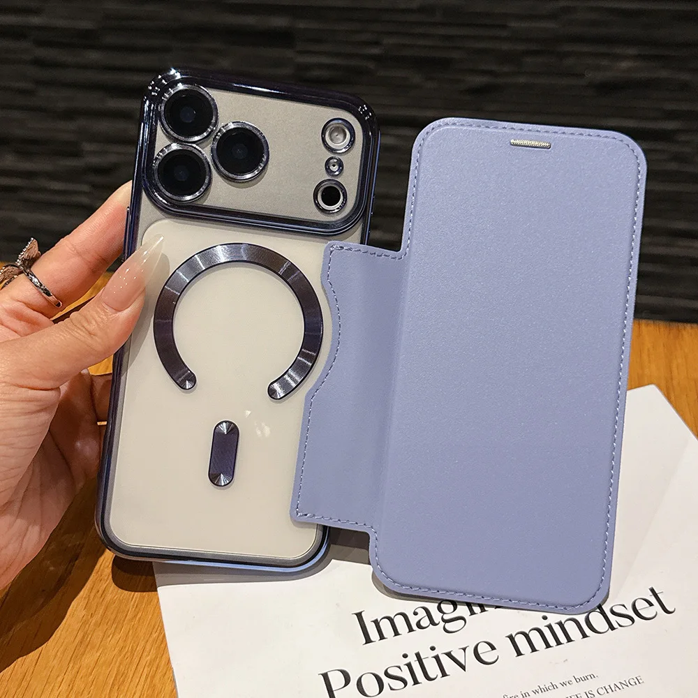 For iPhone 17 Pro Max Case Drop Proof PU Leather Case with Card Slot Magsafe Compatible Strong Magnetic Phone Protective Cover