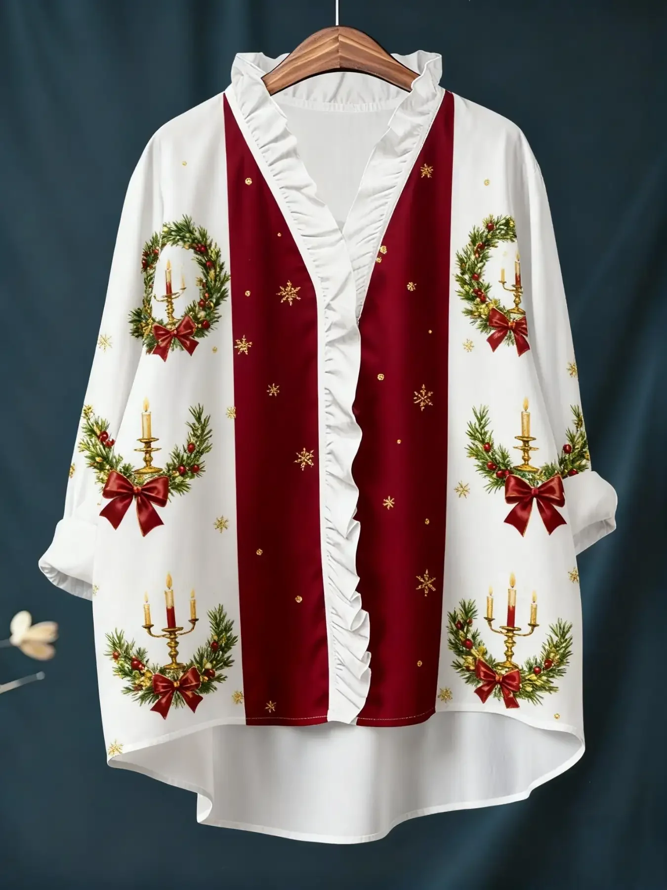 

Women's Christmas Digital Printed New Long Sleeve Shirt with Ruffle Collar, Red and white patchwork wreath pattern top