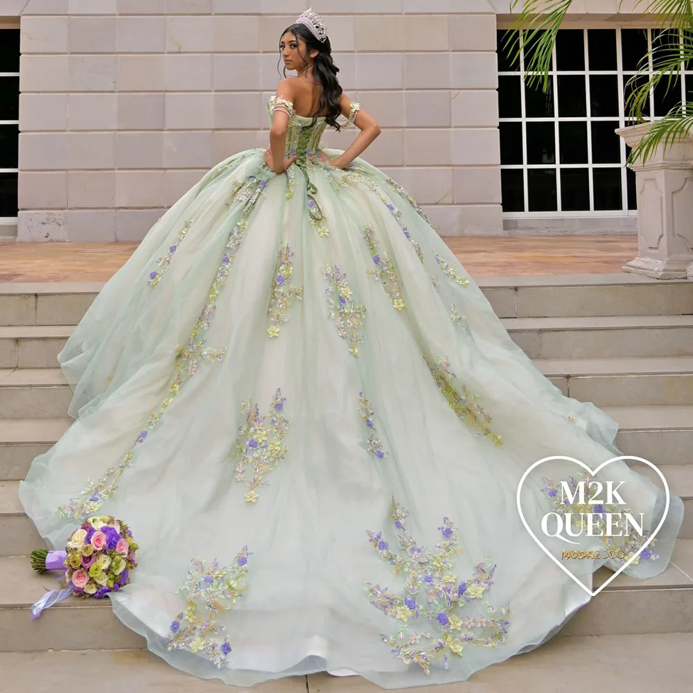 

Мятно-зеленый 3D цветок Quinceanera платья с бисером и цветочным кружевом с перекрещенным тюлем Vestidos De 15 Anos для дня рождения