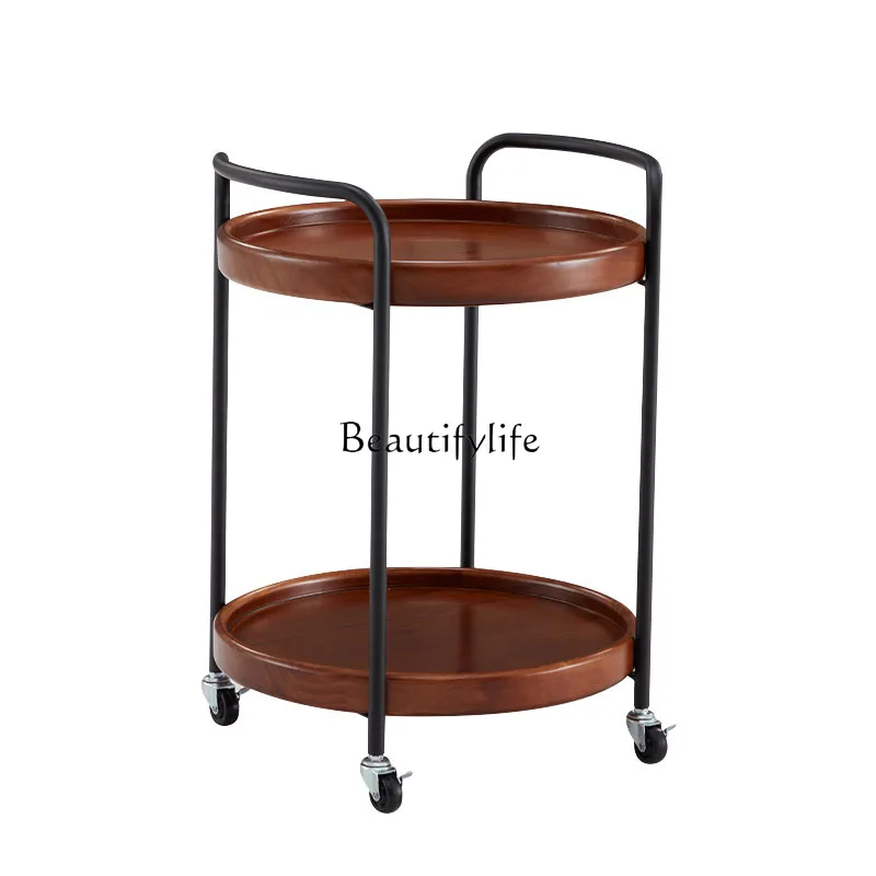 

Solid wood movable light luxury creative corner table with wheels round cart coffee table