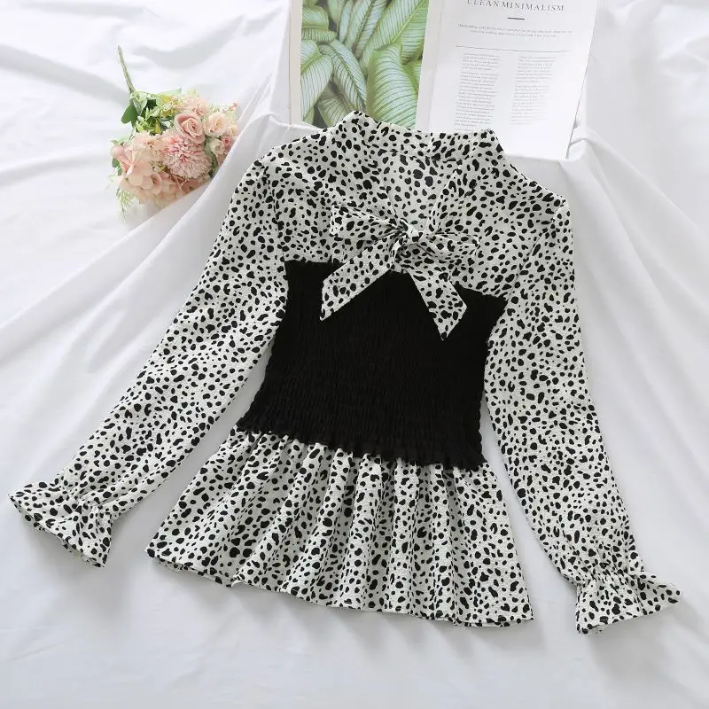 Print Contrast Patchwork Bow Lacing Vintage Blouse Spring Autumn Long Sleeve Pleated Elegant Shirts Fashion Office Women Clothes