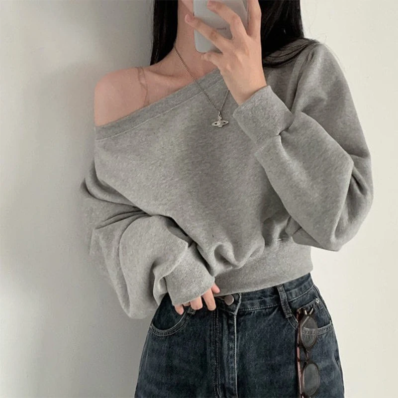 

Korean Streetwear Off-shoulder Long Sleeve Loose Casual Cropped Sweatshirt For Women