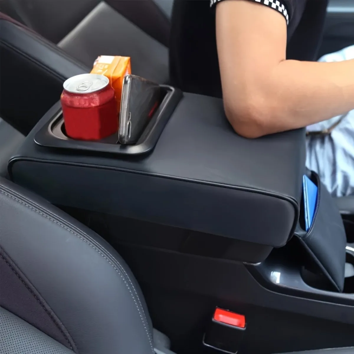 

Car Armrest Cushion With Cup Holder PU Leather Phone Drink Holder & Storage Bag Upgrade Your Driving Comfort Memory Foam