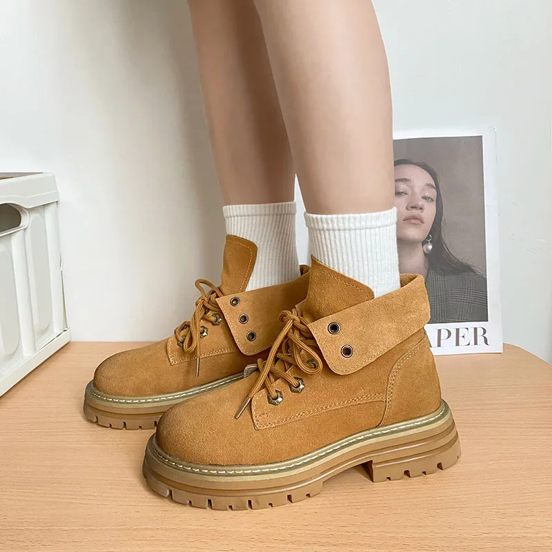 

Genuine Leather High-top Thick-soled Women Boots Women Autumn Frosted Leather Short Martin Boots Retro Women Shoes 24-75