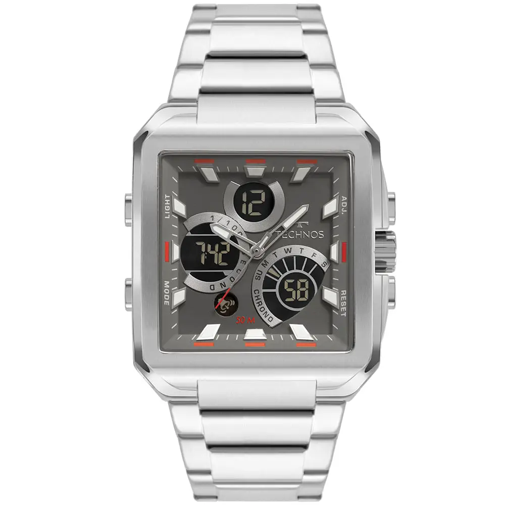 Technos Men's Digital Analog Watch Square Large Silver