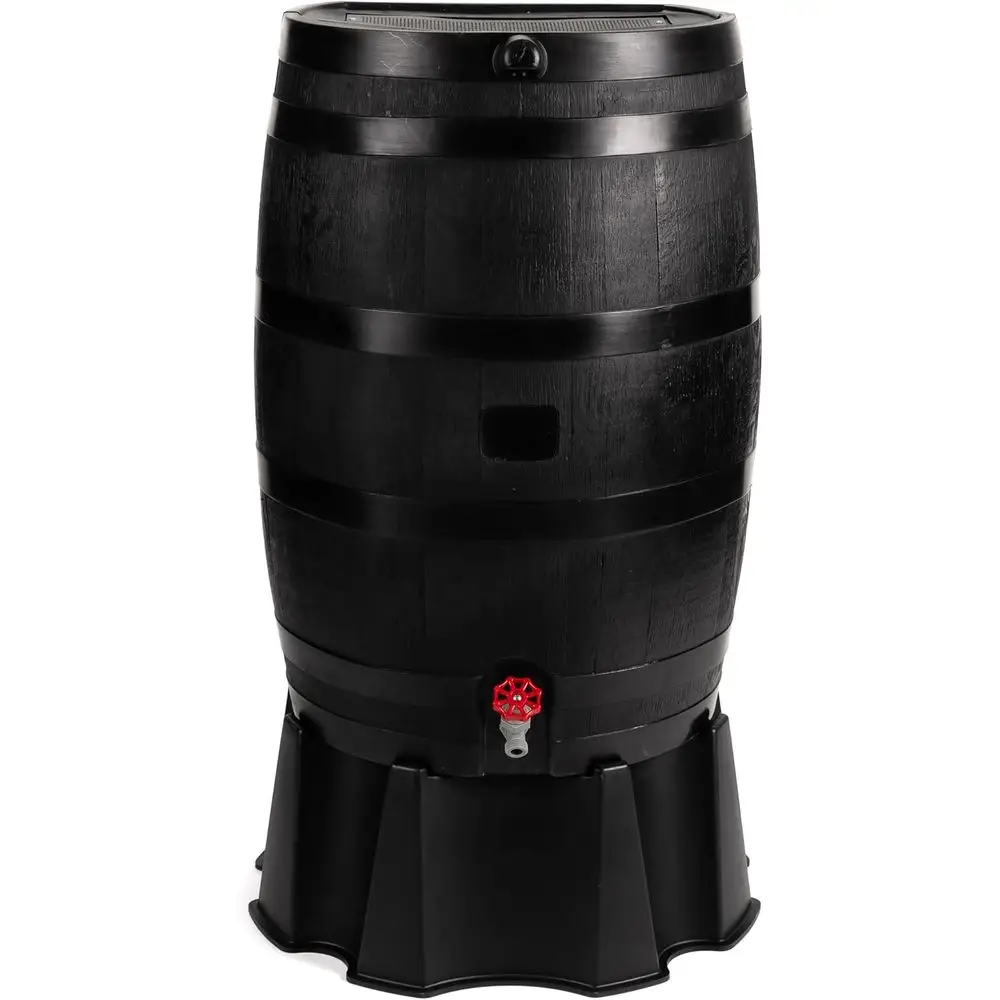 50-Gallon Recycled Plastic Rainwater Collection Barrel with Stand, Black