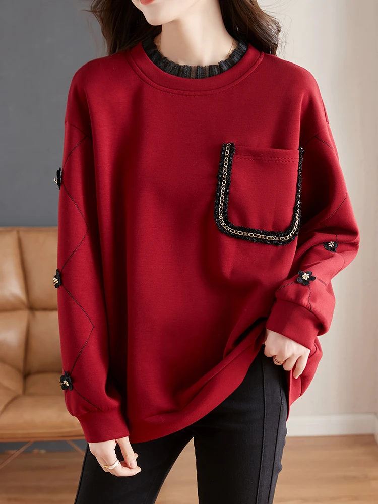 Vintage Appliques Sweatshirts Winter Autumn Pullovers Korean Fashion Loose Casual Tops Jumper Lace Patchwork Sweatshirts Women