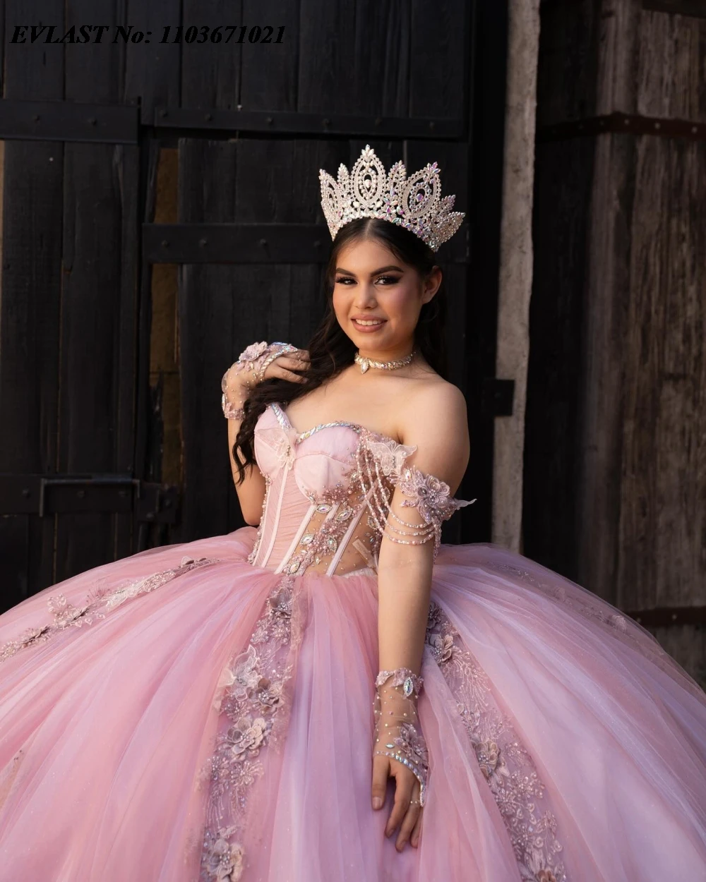 EVLAST-vestido De quinnceañera rosa brillante, vestido De baile, apliques florales 3D, cuentas De cristal, dulce mexicano 16, 15 años, SQ659