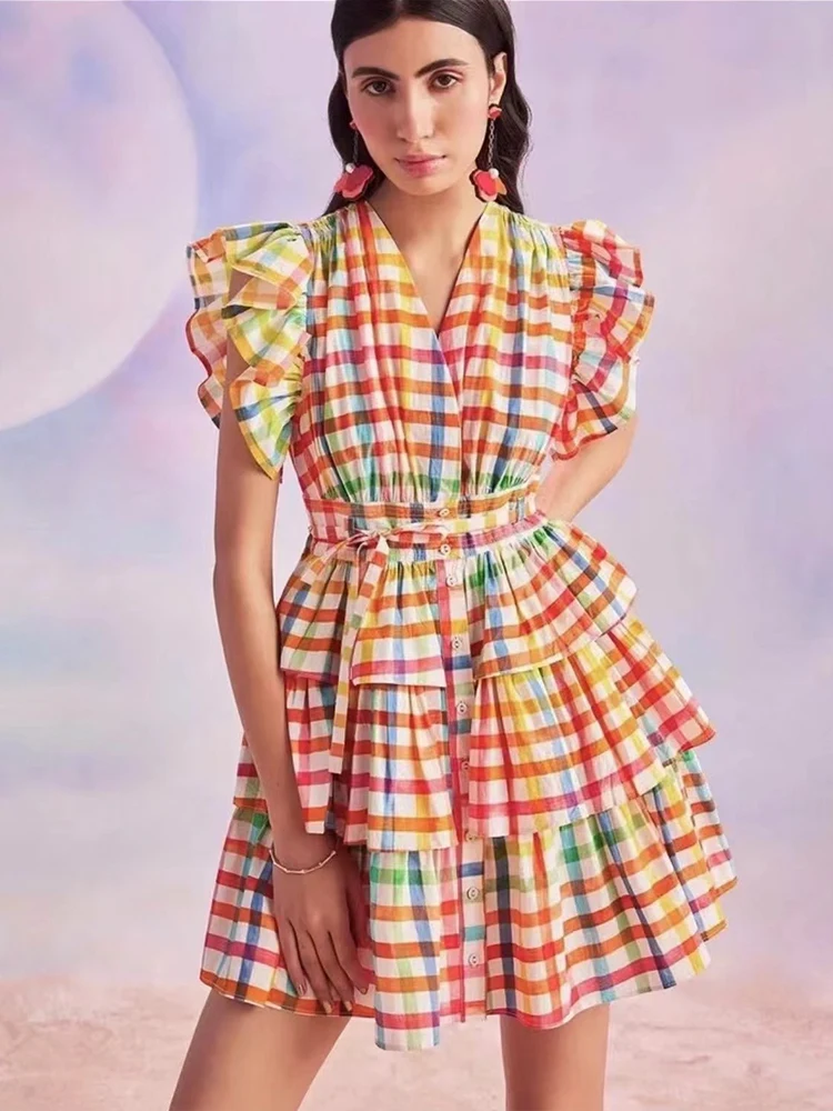 

Vintage color plaid V-neck lotus sleeve high-waist dress 2024 summer women's new fashion multi-level ruffled pompho skirt