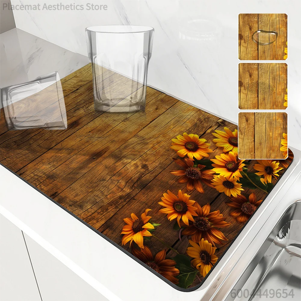 Rustic Wood Sunflower Print Super Absorbent Drying Mat Waterproof Kitchen Counter Coffee Maker Drain Pad Decor Placemat