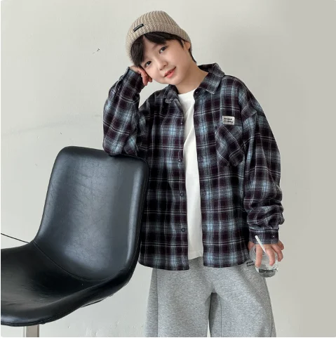 Boys Shirt 2026 Autumn and Winter New Children's Clothing Korean Style Boys and Girls Fashion Label Brushed Plaids Shirt 4