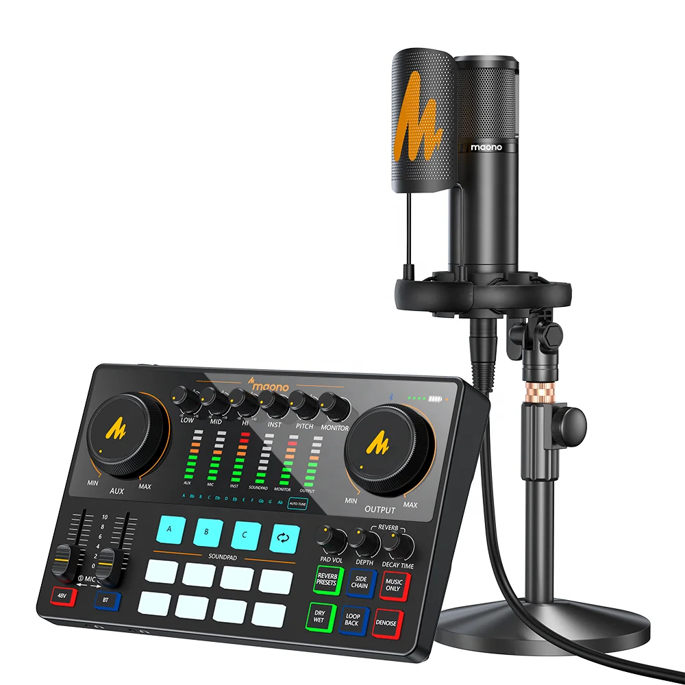 AME2A Soundcard Microphone Kit Podcasting Recording Live Streaming Singing Voice Over Gain Control Reverb Effect