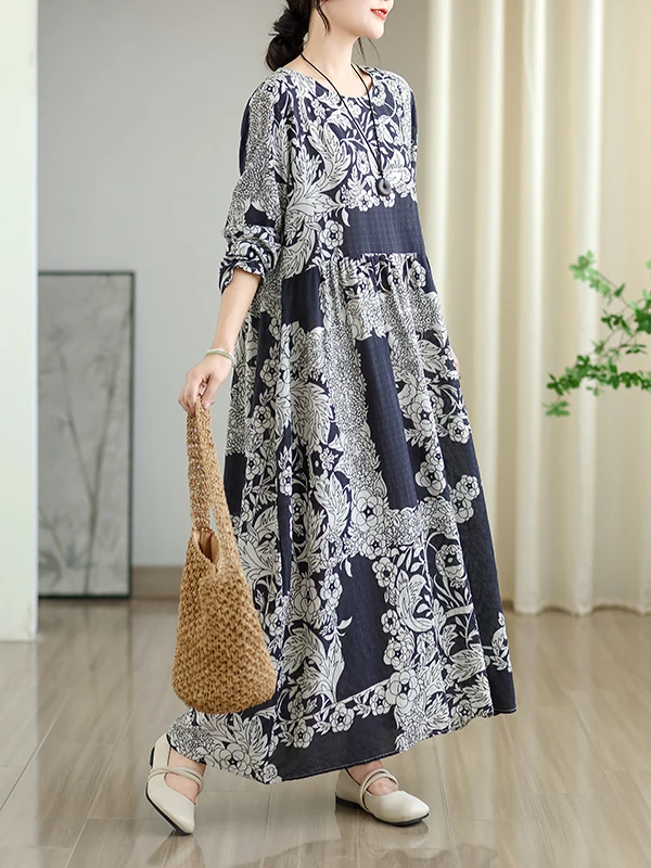 เสื้อผ้าผู้หญิงไซส์ใหญ่ ผ้าฝ้ายลินินพิมพ์ลายเรโทร ทรงเอ แขนยาว คอกลม สวมใส่สบาย เหมาะสำหรับฤดูใบไม้ผลิและฤดูใบไม้ร่วง