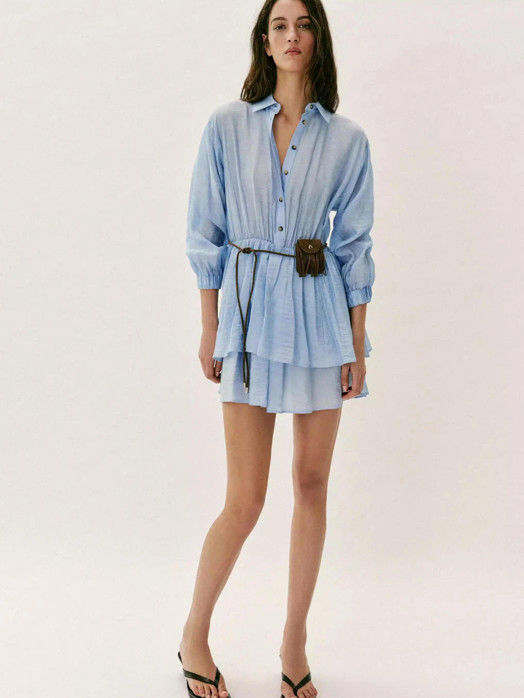 

Spring New Arrival Women's Short Dress Long Sleeve Turn-down Collar with Belted Pocket ZA2026 Ethnic Stage Costume Ladies' Pr...