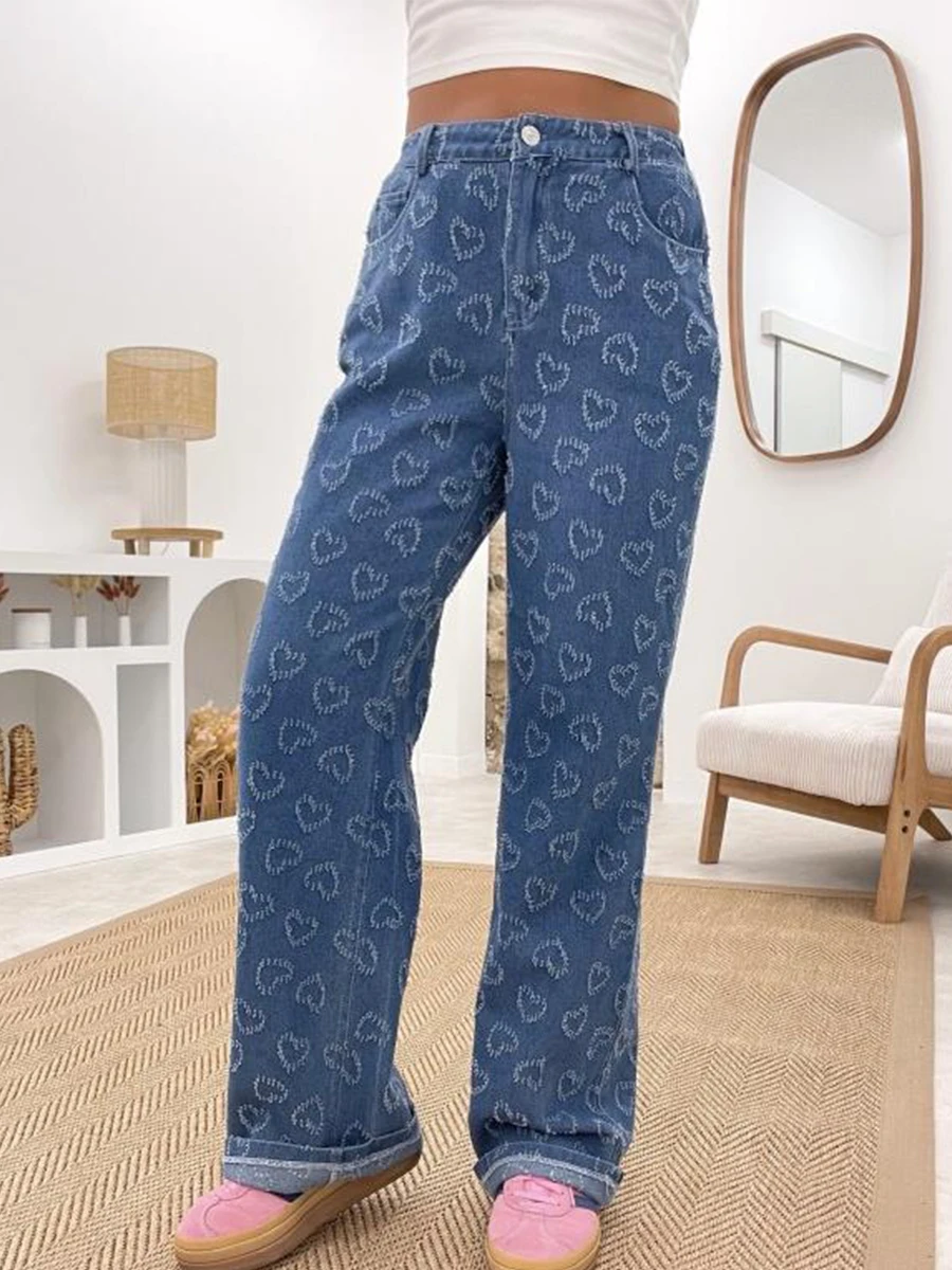 Pantalon en Denim à Motif de Cœur pour Femme, Jean Taille Haute, Décontracté, Bleu, Slim, Jambe Droite, avec Poches, 2025