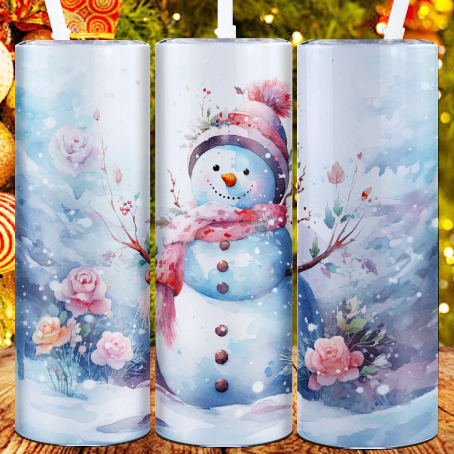 1Pc 20oz Party Water Tumbler Straw Lid 1Pc Stainless Steel Hot Cold Insulated Mugs 3D Print Snowman Christmas Family Party Decor