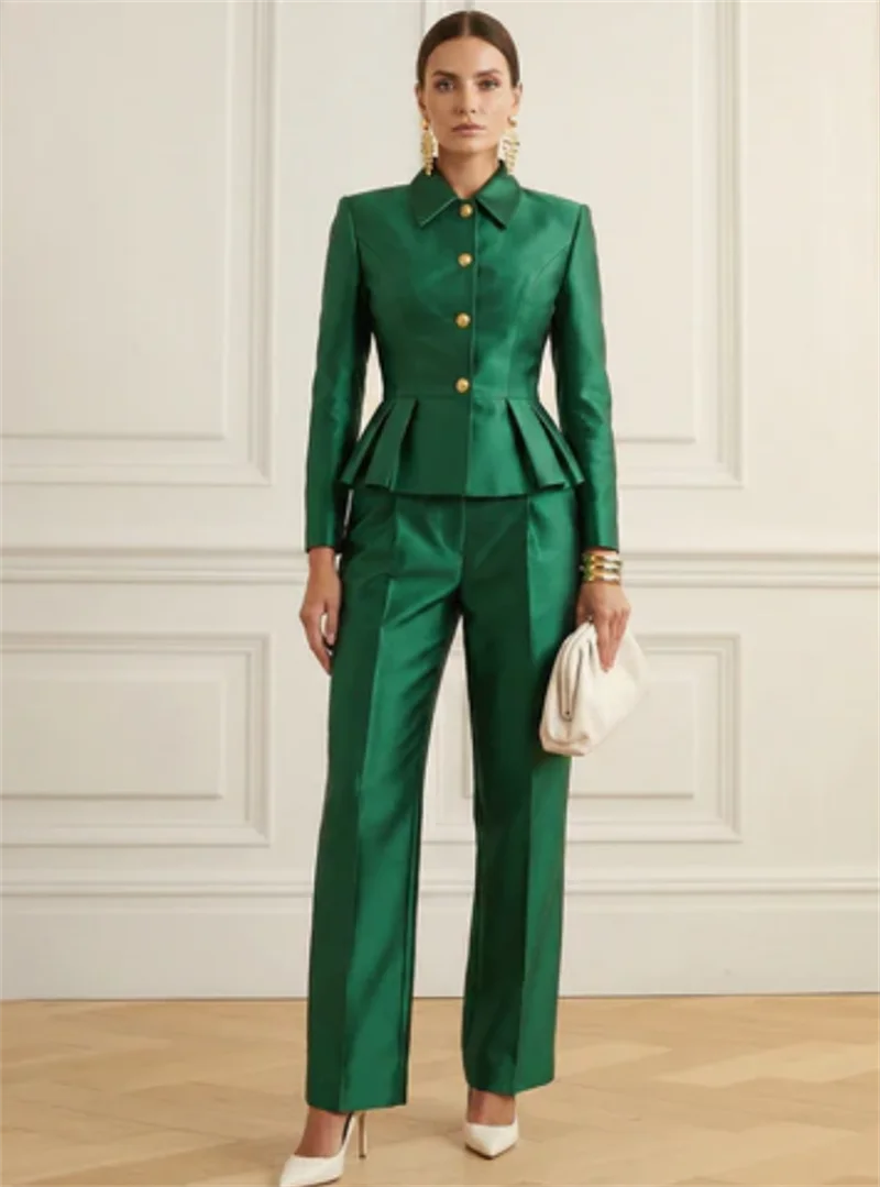 

Green Satin Women Suit Set 2 Pcs Blazer Pants Trousers Formal Business Office Lady Jacket Customized Wedding Guest Coat