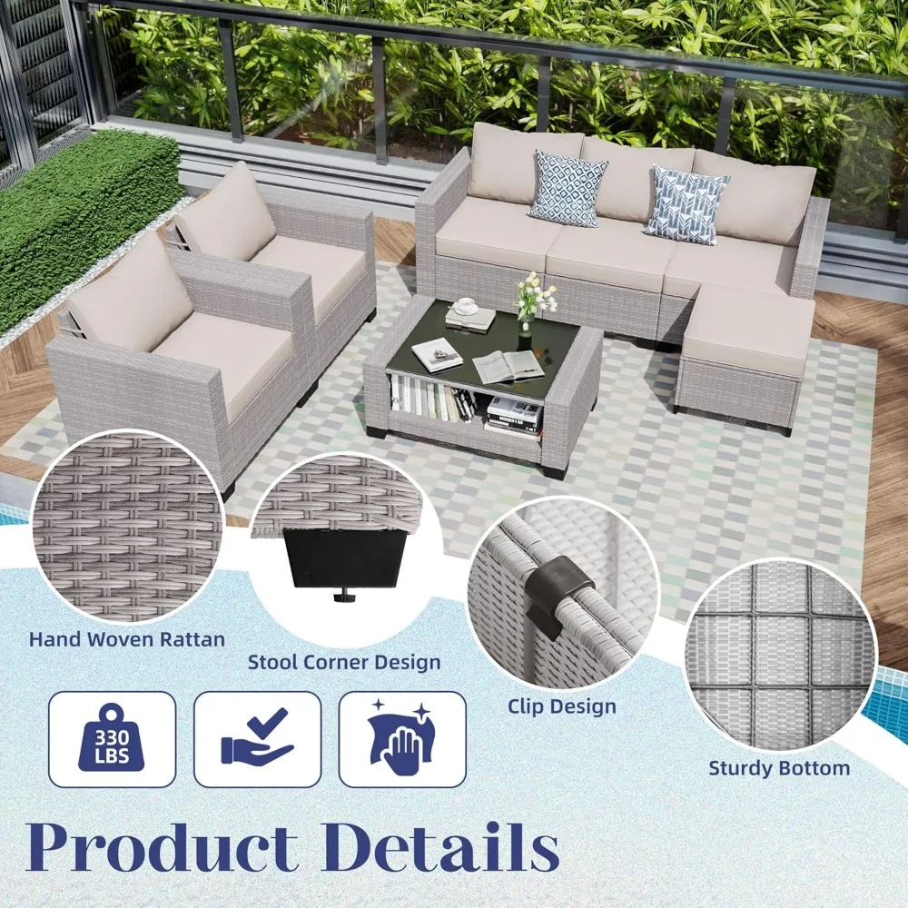 Patio Furniture Set 7 Pieces Conversation Sets, Sectional Sofa, PE Rattan Modular Sofa with Cushions and Glass Coffee Table
