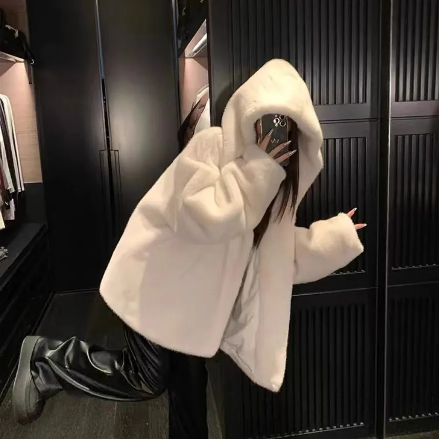 2026 Women Faux Fur Coat Solid Hooded Jacket Short Long Sleeve Open Stitch Thick Straight Fit Office Lady Casual Autumn Winter