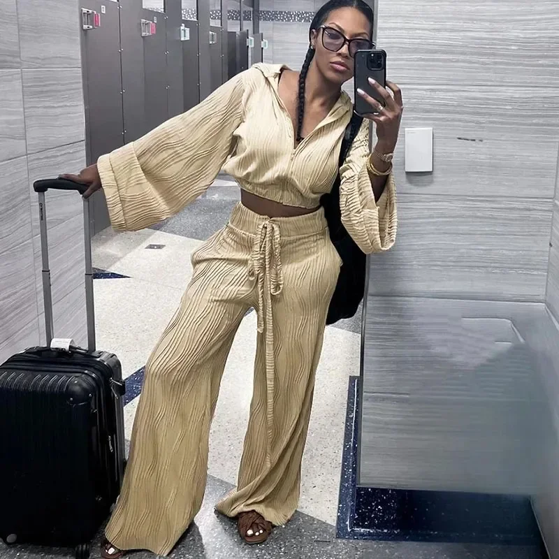 

Striped Casual Tracksuit Women Two Piece Set Sporty Fitness Loose Fit Hooded Bomber Jacket Top and Wide Leg Pants Matching Sets