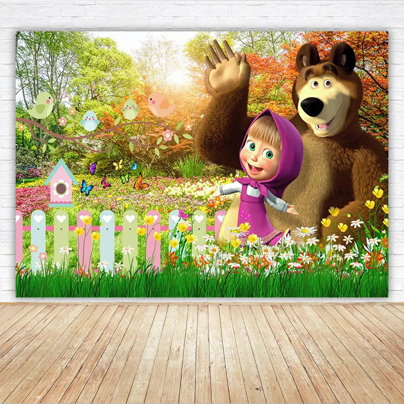 Disney Masha And The Bear Photo Backdrop Kids Birthday Party Decoration Cartoon Cute Animals Vinyl Polyester Fabric Background