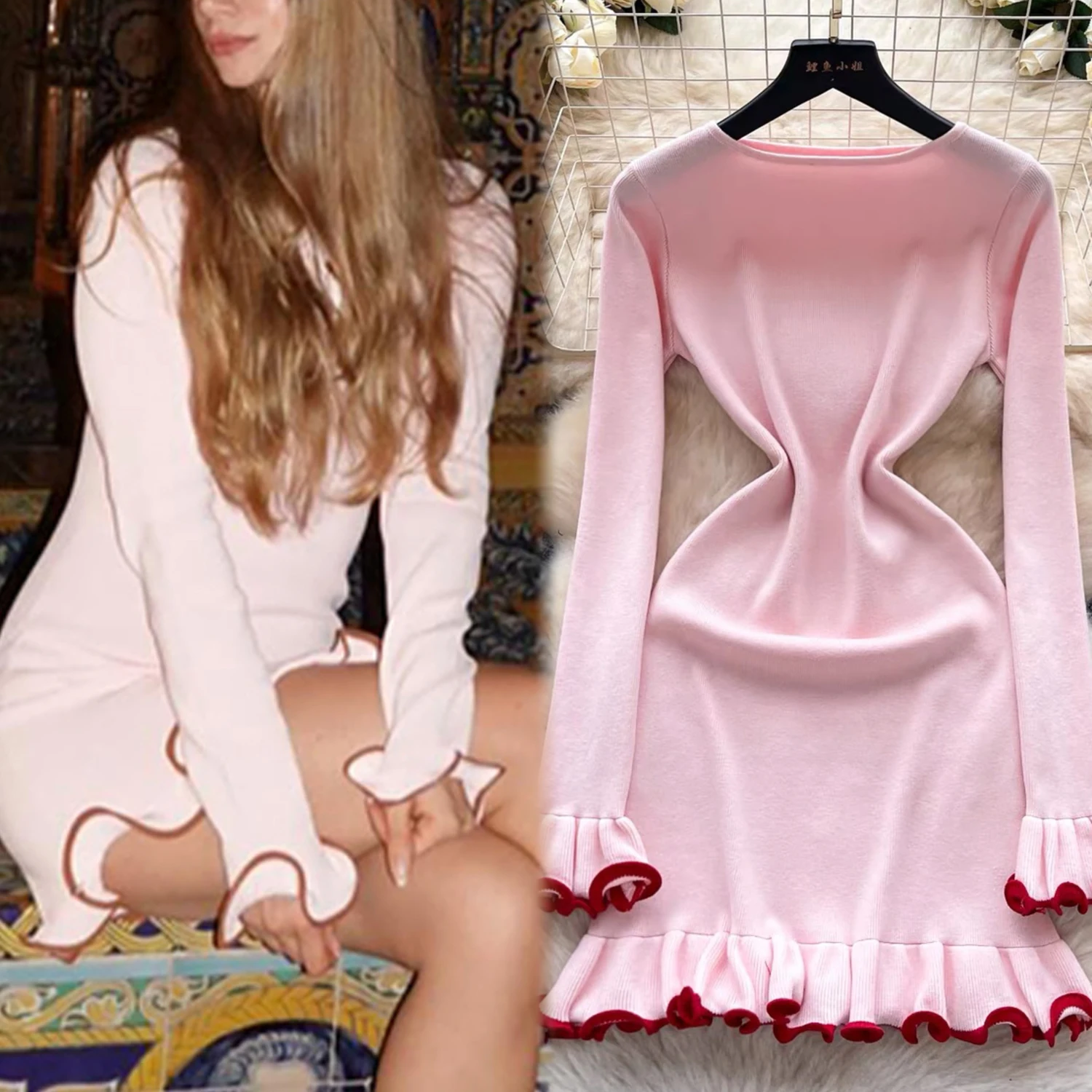 YuooMuoo Chic Mode Sexy Wrap Hüften Gestrickte Mini Kleid Herbst Winter Langarm Rüschen Bodycon Party Kleid Streetwear Outfits
