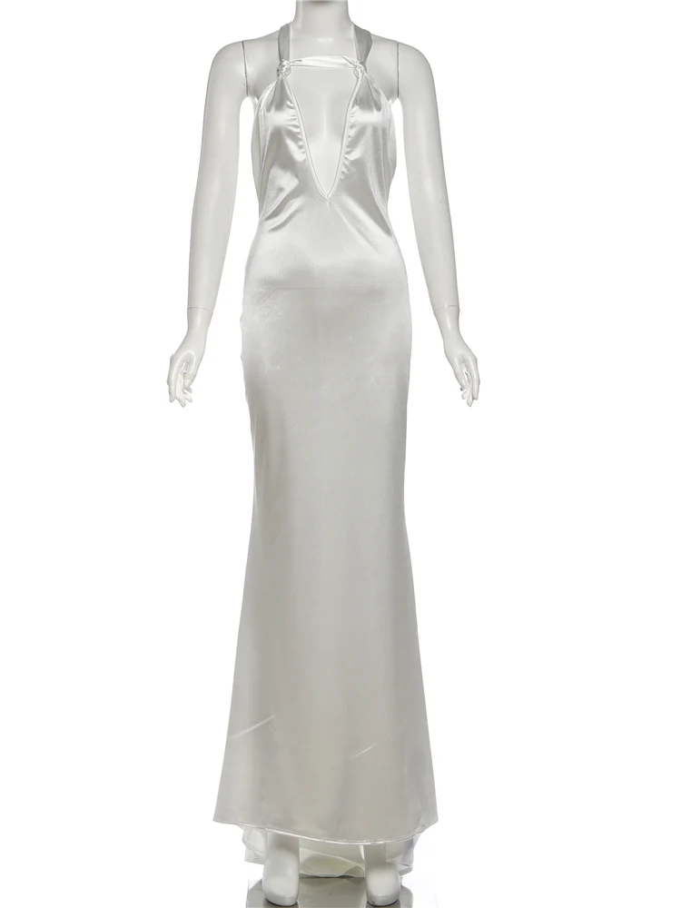 Kliou Raso di seta Abiti lunghi eleganti Donna Kink Design Collo basso Backless Abito senza maniche Midnight Prom Party Hipster Abiti