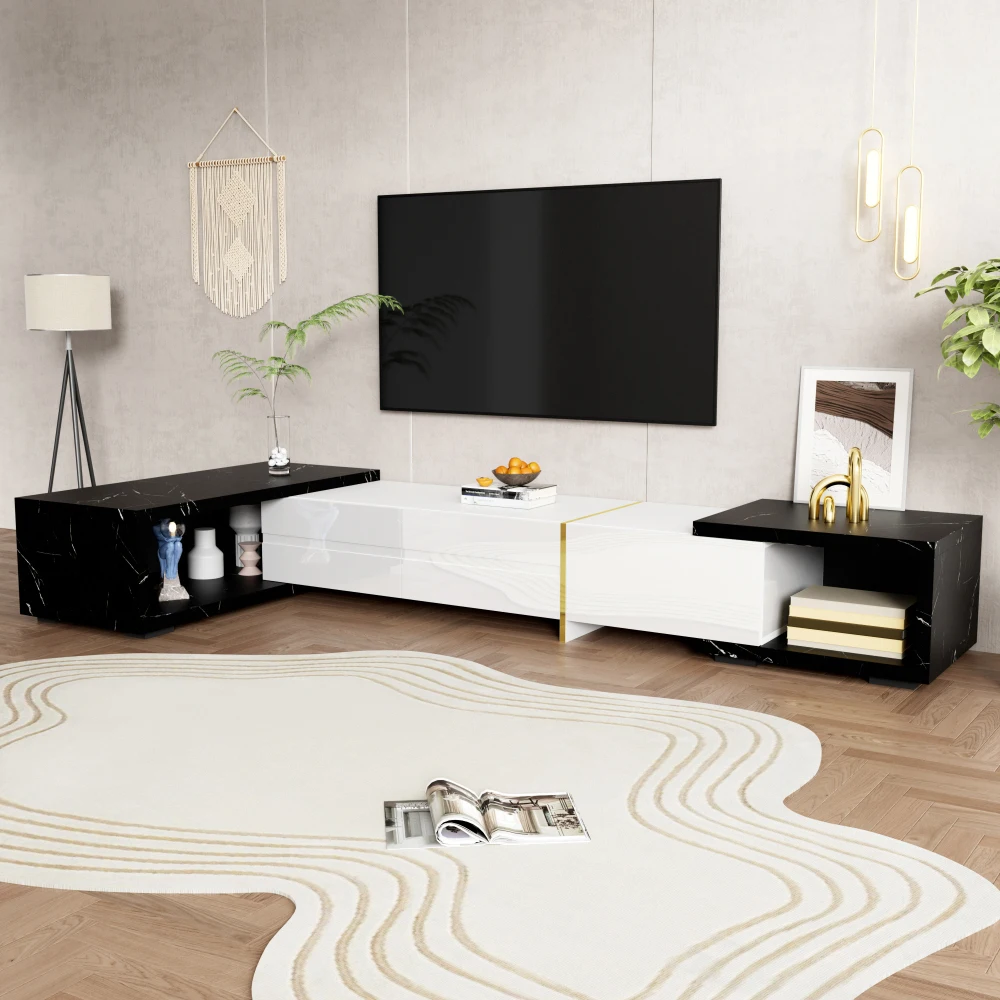 Moderner TV-Schrank mit variabler Länge (140–260 cm), drehbarer Funktion, weißes Hochglanz-Matt-Finish und goldenen Dekorationen – Detail 3